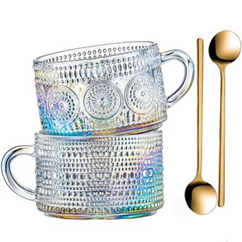 Vintage Embossed Glass Coffee Mugs 14 Oz 2 pack