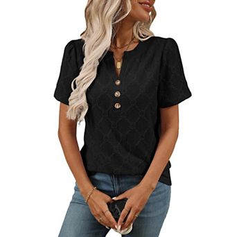 Women's Short Sleeve Floral Jacquard Button T-Shirt Casual Solid V Neck Tops