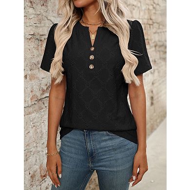 Women's Short Sleeve Floral Jacquard Button T-Shirt Casual Solid V Neck Tops