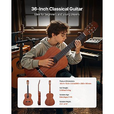 Natural Beginner Classical Guitar for Kids, Nylon String Guitar with Tuner, Capo, and Accessories