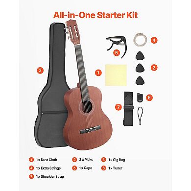 Natural Beginner Classical Guitar for Kids, Nylon String Guitar with Tuner, Capo, and Accessories
