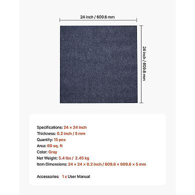 Peel and Stick Carpet Tiles 15-Pack with Cushioned Layers for Bedrooms or Offices