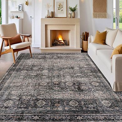 Distressed Area Rug Machine Washable Low Pile Pet Friendly Stain Resistant Carpet for Living Room