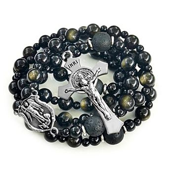Saint Michael Obsidian Rosary Necklace Handmade Cross Gift