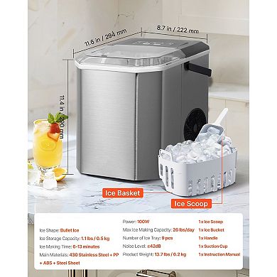 Portable Ice Maker with One-Touch Control, 26 lbs Daily Capacity, Quiet Operation