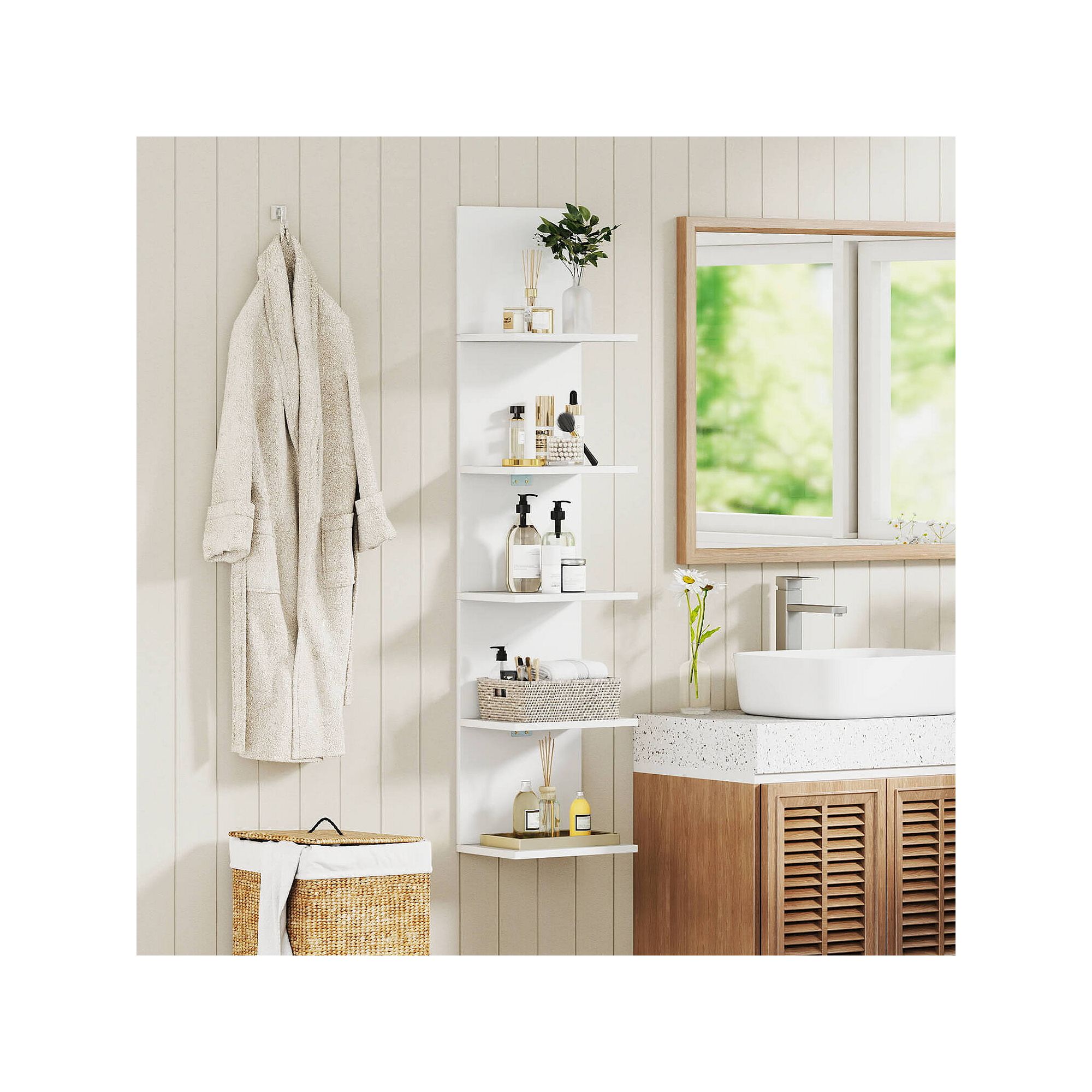 White 5-tier vertical wall shelf organizer with floating shelves