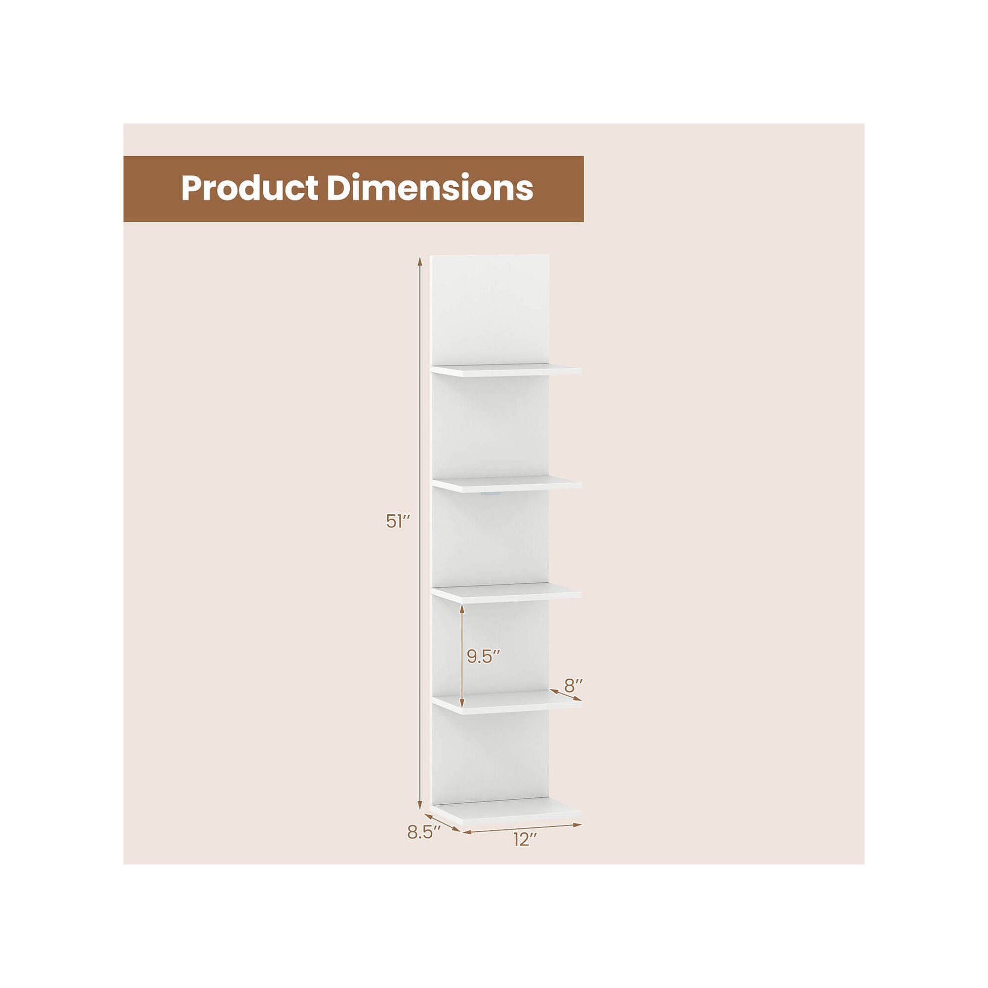 Product dimensions diagram for 5-tier vertical wall shelf unit