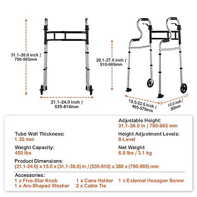 3-in-1 Folding R-Shape Walker for Seniors with Adjustable Height, Width, and Front Wheels