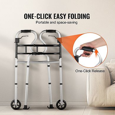 3-in-1 Folding R-Shape Walker for Seniors with Adjustable Height, Width, and Front Wheels
