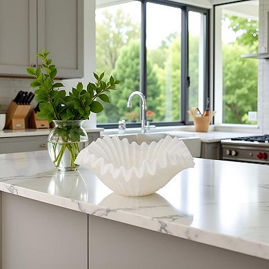 White Ruffle Bowl: Modern Art Deco Centerpiece for Dining, Coffee Tables, or Entryways