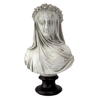 Hand-Cast 9x14" Veiled Lady Bust, Antiqued White Finish, Black Base