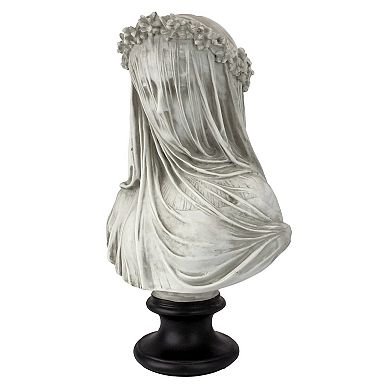 Hand-Cast 9x14" Veiled Lady Bust, Antiqued White Finish, Black Base