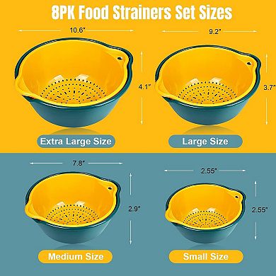 Stackable 8-Pack Plastic Colander & Strainer Set for Veggies, Fruit, Pasta - Green/Yellow