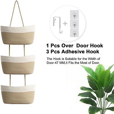 3-Tier Woven Cotton Hanging Basket: Over-the-Door Storage, Washable Foldable