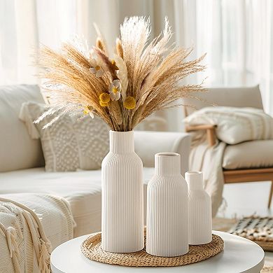 Colorful Ceramic Vases Set of 3: Modern Matte Ribbed, Perfect for Dried Flowers