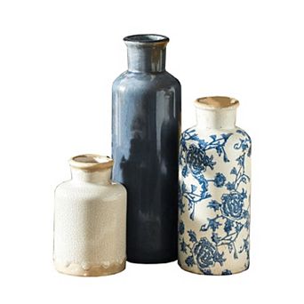 Set of 3 Vintage Ceramic Vases: Rustic Farmhouse Decor for Table, Bookshelf, Kitchen, Living Room