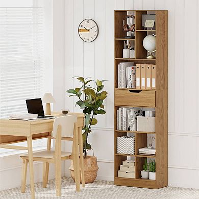 Costway 71” Bookcase with Drawer 10 Open Cubes Anti-toppling Kits for Living Room Study