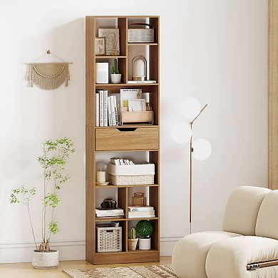 Costway 71” Bookcase with Drawer 10 Open Cubes Anti-toppling Kits for Living Room Study