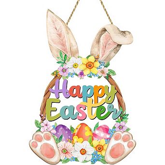 Easter Bunny Door Sign Wooden, Bunny & Egg Spring Decor, Easy to Hang