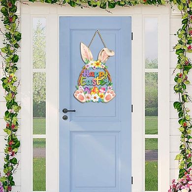 Easter Bunny Door Sign Wooden, Bunny & Egg Spring Decor, Easy to Hang
