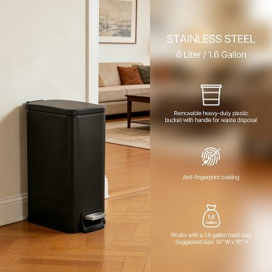 Slim Bathroom Trash Can with Lid, 1.6 Gallon Stainless Steel Small Garbage Can, Black