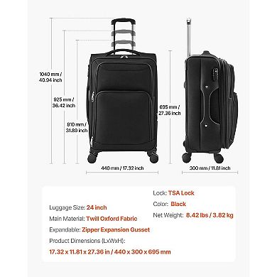 Softside 24-Inch Checked Luggage with Zip Expansion, Smooth Wheels, and Mesh Organizer Bag, Black