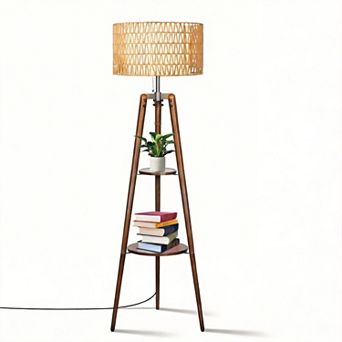 61'' Tall Boho Tripod Floor Lamp with Shelves, Mid-Century Modern Wood Standing Lamp with Rattan
