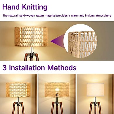 61'' Tall Tripod Floor Lamp with 2-Tier Shelves, Standing Light with Rattan Shade, Corner Shelf Lamp
