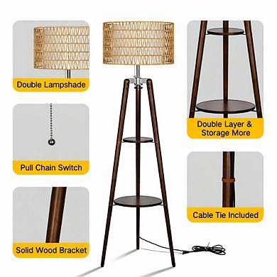 61'' Tall Tripod Floor Lamp with 2-Tier Shelves, Standing Light with Rattan Shade, Corner Shelf Lamp