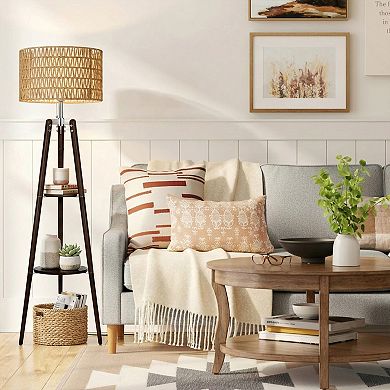 61'' Tall Tripod Floor Lamp with 2-Tier Shelves, Standing Light with Rattan Shade, Corner Shelf Lamp