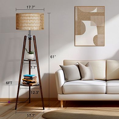 61'' Tall Tripod Floor Lamp with 2-Tier Shelves, Standing Light with Rattan Shade, Corner Shelf Lamp