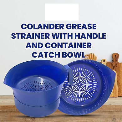 3-Piece Blue Grease Strainer Set with Handle, Container & Lid BPA-Free for Bacon, Pasta, Meat