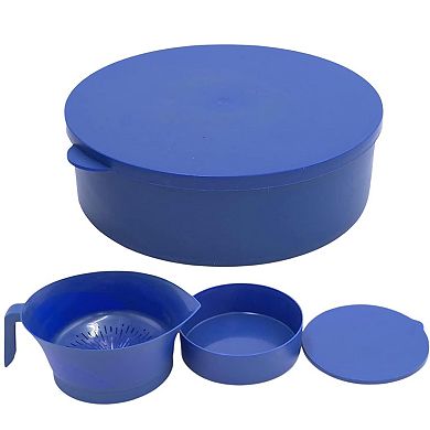 3-Piece Blue Grease Strainer Set with Handle, Container & Lid BPA-Free for Bacon, Pasta, Meat