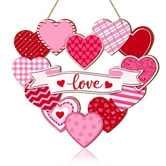 "Pink Heart Valentine's Day Wood Sign with Ribbon for Front Door or Wall