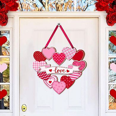 "Pink Heart Valentine's Day Wood Sign with Ribbon for Front Door or Wall