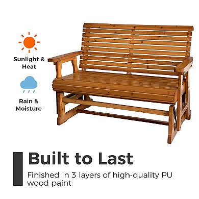 Wooden Patio Glider with High Roll Back and Deep Contoured Seat, Solid Fir Wood, 2-Seater