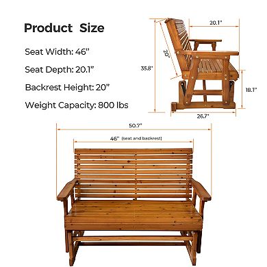 Wooden Patio Glider with High Roll Back and Deep Contoured Seat, Solid Fir Wood, 2-Seater