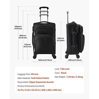 Softside 20-Inch Carry-On Luggage with Zip Expansion, Smooth 360 Wheels, and Front Pockets Black