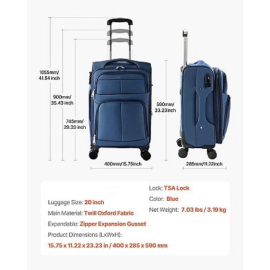 Lightweight 20” Expandable Carry-On Bag with Telescopic Handle TSA Lock and Front Pockets Blue