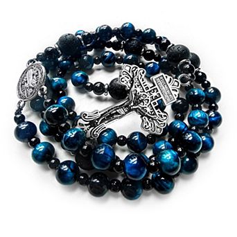 Men's Handmade Rosary Necklace Medal Cross Tiger Eye