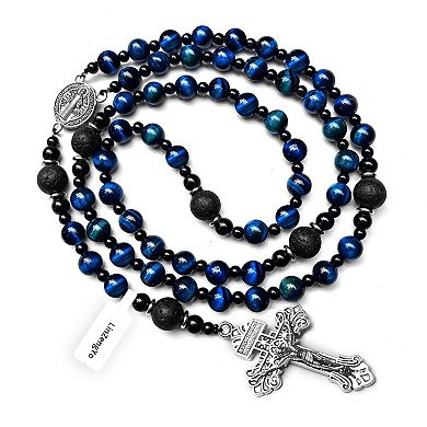 Men's Handmade Rosary Necklace Medal Cross Tiger Eye