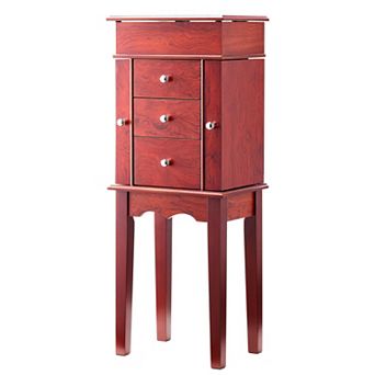 Wood Finish Standing Jewelry Organizer with Side Compartments and Flip Mirror