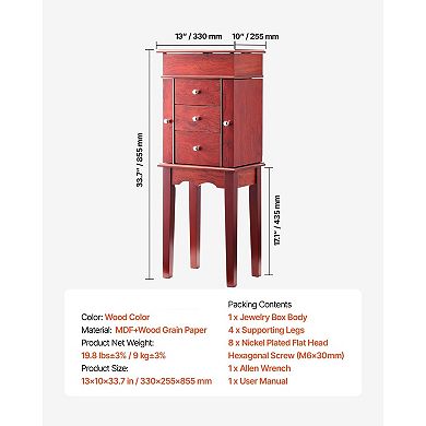 Wood Finish Standing Jewelry Organizer with Side Compartments and Flip Mirror