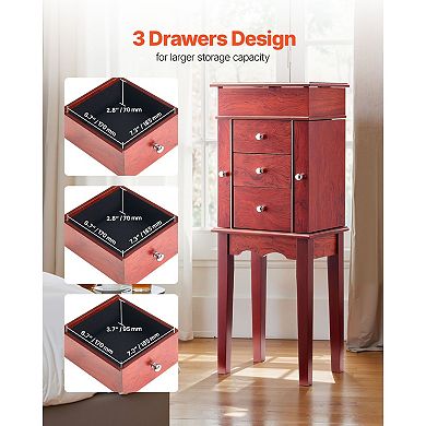 Wood Finish Standing Jewelry Organizer with Side Compartments and Flip Mirror