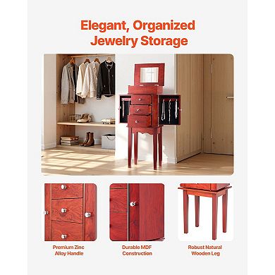 Wood Finish Standing Jewelry Organizer with Side Compartments and Flip Mirror