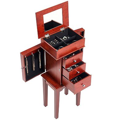 Wood Finish Standing Jewelry Organizer with Side Compartments and Flip Mirror