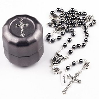 St Michael Rosary Hematite Beads Metal Cross Gift Box