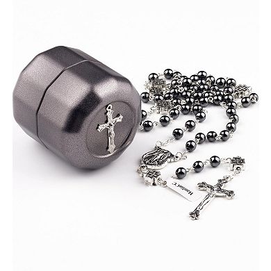 St Michael Rosary Hematite Beads Metal Cross Gift Box