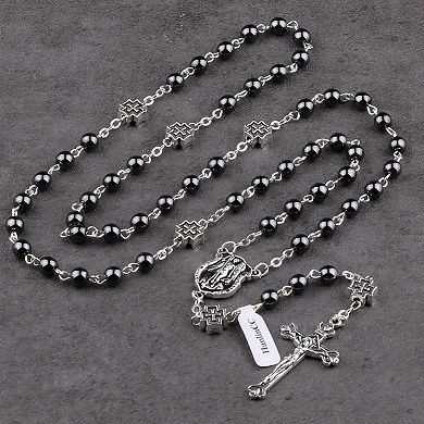 St Michael Rosary Hematite Beads Metal Cross Gift Box