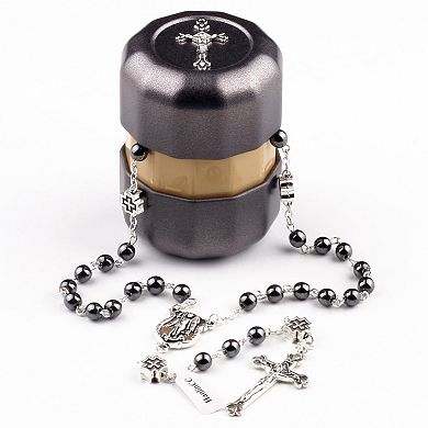 St Michael Rosary Hematite Beads Metal Cross Gift Box